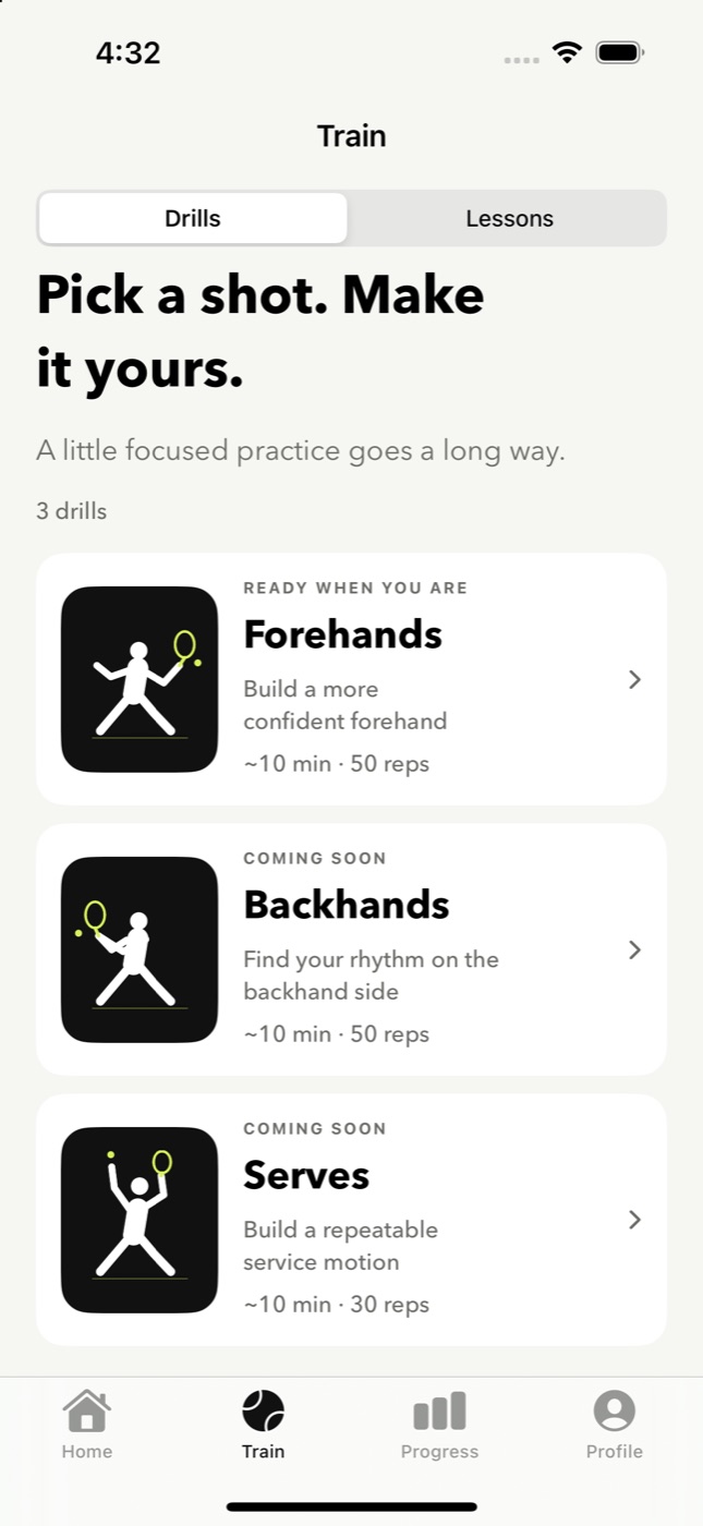 The current Dropshot Train screen: Forehands ready to record, with Backhands and Serves marked coming soon.